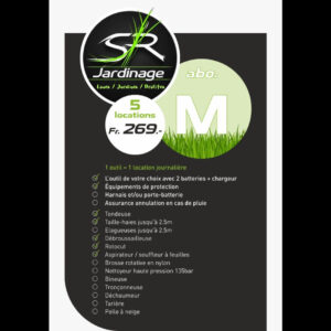 Pack Abo M (269.- CHF) SR Jardinage : 5 locations (Fr. 269.– CHF - 1 outil = 1 location journalière) – location d’outils de jardinage électriques en Valais central et Bas-Valais de Sierre à Martigny (retrait à Saint-Léonard et Chamoson).